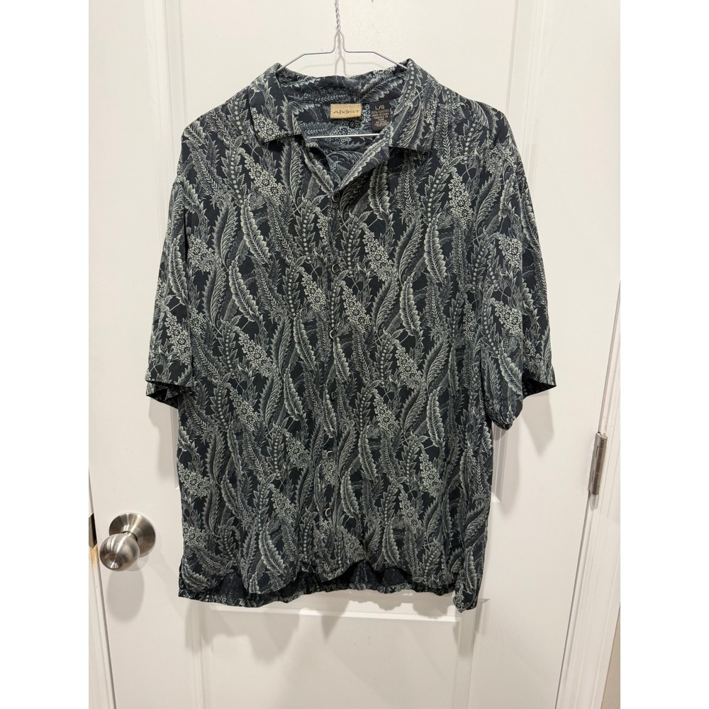 Axist Mens Shirt 100% Silk Botanical Leaf Print Black Green Size L